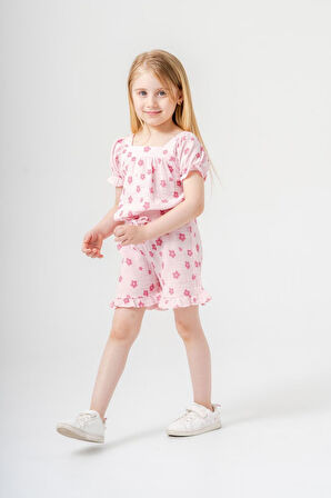 Miniğimin Cicileri Çiçek Baskı Müslin Kız Çocuk Şortlu Takım - Pembe