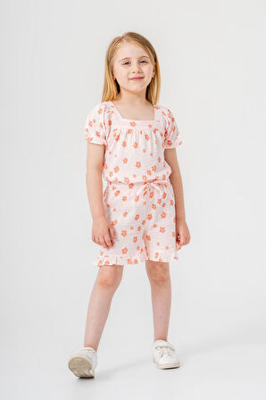 Miniğimin Cicileri Çiçek Baskı Müslin Kız Çocuk Şortlu Takım - Somon