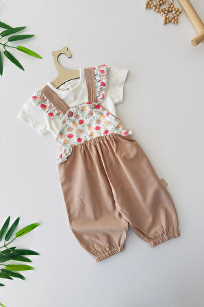Miniğimin Cicileri Gül Desenli Fırfır Askılı Kız Bebek Şort Tulum 2 li Takım - Kahve