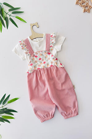 Miniğimin Cicileri Gül Desenli Fırfır Askılı Kız Bebek Şort Tulum 2 li Takım - Gül Kurusu