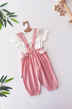 Miniğimin Cicileri Gül Desenli Fırfır Askılı Kız Bebek Şort Tulum 2 li Takım - Gül Kurusu