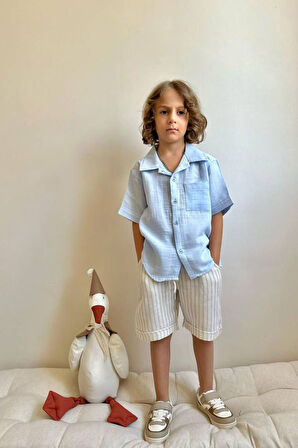 Miniğimin Cicileri Müslin Cepli Gömlekli Çizgili Şortlu Erkek Çocuk Takım - Mavi