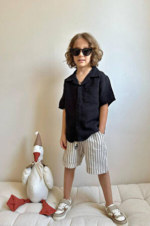 Miniğimin Cicileri Müslin Cepli Gömlekli Çizgili Şortlu Erkek Çocuk Takım - Siyah