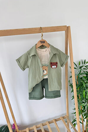 Miniğimin Cicileri Bear Panç İşleme Detaylı Müslin Erkek 3 lü Takım - Yeşil