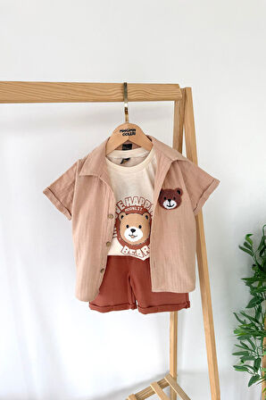 Miniğimin Cicileri Bear Panç İşleme Detaylı Müslin Erkek 3 lü Takım - Kahve