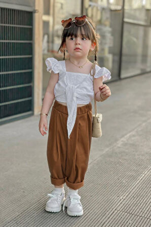 Miniğimin Cicileri Güpürlü Bağlama Detaylı Kız Çocuk 2 li Takım - Kahverengi