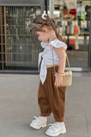 Miniğimin Cicileri Güpürlü Bağlama Detaylı Kız Çocuk 2 li Takım - Kahverengi