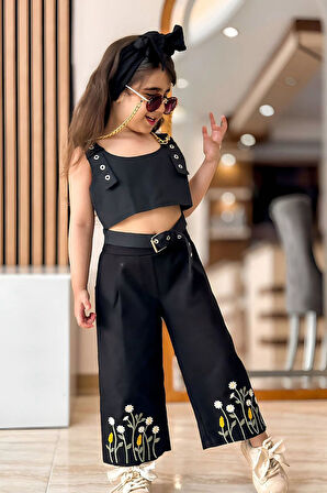 Miniğimin Cicileri Kuşgözü Detaylı Papatya İşlemeli Kız Çocuk Takım - Siyah