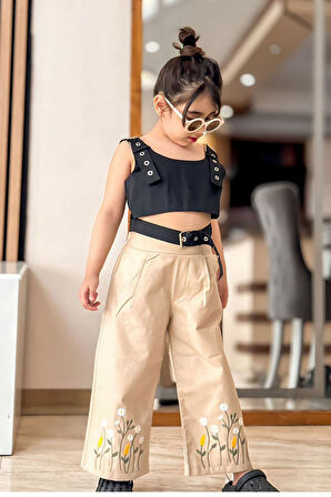 Miniğimin Cicileri Kuşgözü Detaylı Papatya İşlemeli Kız Çocuk Takım - Bej