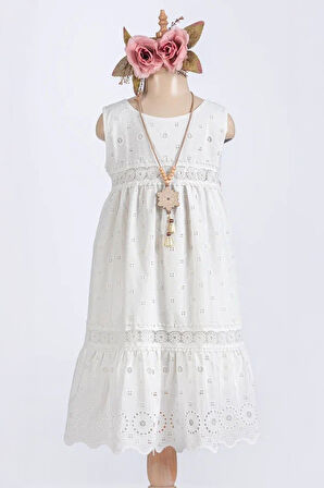 Miniğimin Cicileri Fisto ve Dantel Detaylı Kolsuz Kız Çocuk Elbise - Ekru