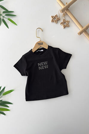 Miniğimin Cicileri New Taş İşlemeli Kız Çocuk Esnek Crop - Siyah