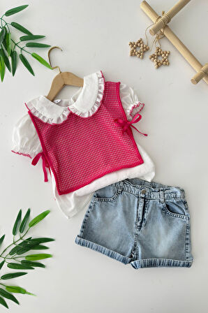 Miniğimin Cicileri Ayrobin Gömlekli File Aksesuar Yelekli Kız Çocuk 3 lü Takım - Pembe