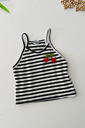 Miniğimin Cicileri Kiraz Detaylı Kız Çocuk Askılı Crop - SiyahBeyaz