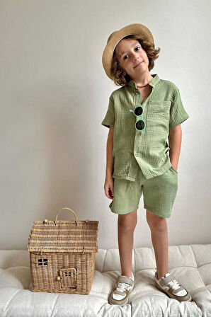 Miniğimin Cicileri Nefes Alan Müslin Kumaş Cepli Yazlık Erkek Çocuk Rahat Takım - Yeşil