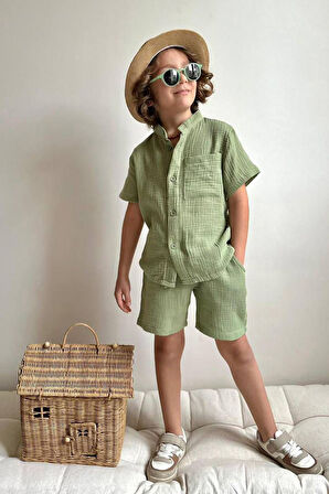 Miniğimin Cicileri Nefes Alan Müslin Kumaş Cepli Yazlık Erkek Çocuk Rahat Takım - Yeşil