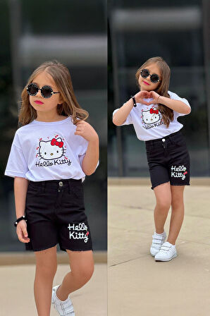 Miniğimin Cicileri Hll Kty Baskılı Kot Şortlu Kız Çocuk 2 li Takım - Beyaz