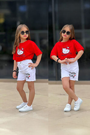 Miniğimin Cicileri Hll Kty Baskılı Kot Şortlu Kız Çocuk 2 li Takım - Kırmızı