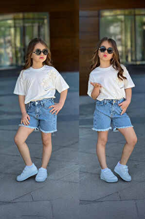 Miniğimin Cicileri Çiçek Taş Desenli Kız Çocuk Kot Şotlu Takım - Mavi