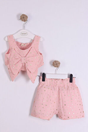 Miniğimin Cicileri Müslin Yıldız Yaldız Baskılı Kız Çocuk 2 li Fiyonklu Takım - Pembe