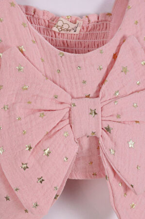 Miniğimin Cicileri Müslin Yıldız Yaldız Baskılı Kız Çocuk 2 li Fiyonklu Takım - Pembe