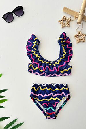 Miniğimin Cicileri (3-10 Yaş) Çizgili Kız Çocuk Bikini Mayo Takım - Lacivert