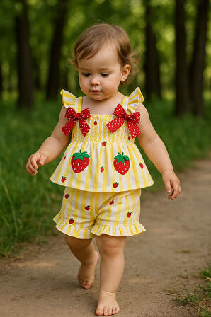 Minigimin Cicileri Fiyonk Desenli Çilek Baskılı Gipeli Kız Çocuk 2 Li Takım - Sarı