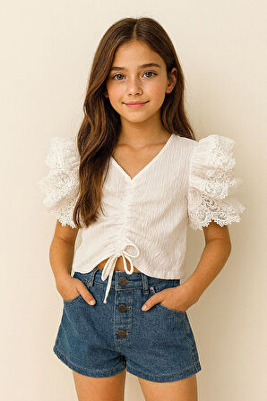 Miniğimin Cicileri Kolları Güpür Detaylı Kız Çocuk Crop - Beyaz