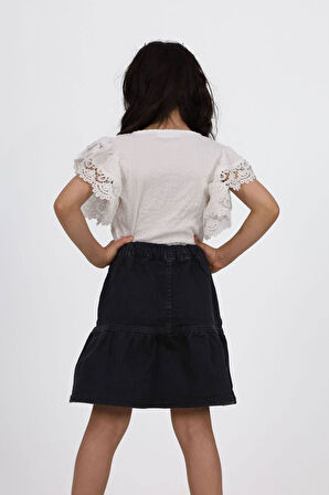 Miniğimin Cicileri Kolları Güpür Detaylı Kız Çocuk Crop - Beyaz