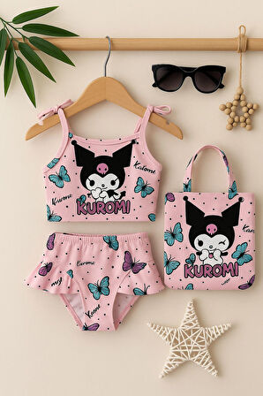 Miniğimin Cicileri Krm Baskılı Çantalı Kız Çocuk Mayo Bikini Takım - Açık Pembe