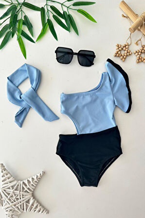 Miniğimin Cicileri Tek Omuz Volanlı Kız Çocuk Mayo - Mavi