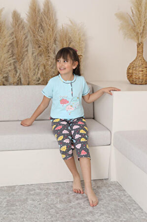 Miniğimin Cicileri (6-14 Yaş) Bulut Desenli Kız Çocuk Kapri Takım - Mavi