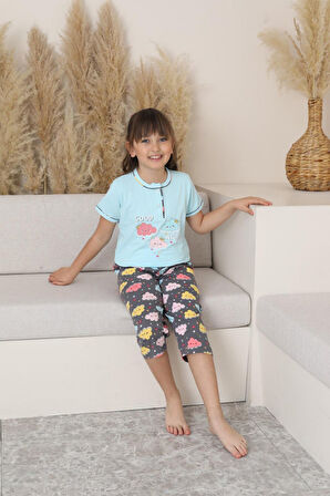 Miniğimin Cicileri (6-14 Yaş) Bulut Desenli Kız Çocuk Kapri Takım - Mavi