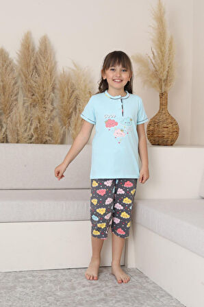 Miniğimin Cicileri (6-14 Yaş) Bulut Desenli Kız Çocuk Kapri Takım - Mavi