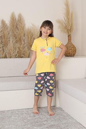 Miniğimin Cicileri (6-14 Yaş) Bulut Desenli Kız Çocuk Kapri Takım - Sarı