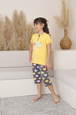 Miniğimin Cicileri (6-14 Yaş) Bulut Desenli Kız Çocuk Kapri Takım - Sarı