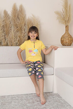 Miniğimin Cicileri (6-14 Yaş) Bulut Desenli Kız Çocuk Kapri Takım - Sarı