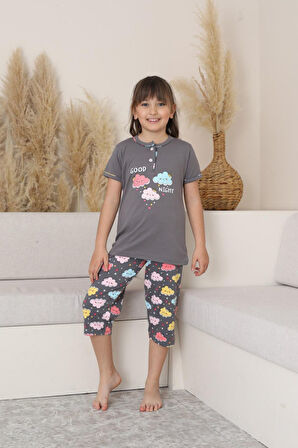 Miniğimin Cicileri (6-14 Yaş) Bulut Desenli Kız Çocuk Kapri Takım - Gri