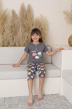 Miniğimin Cicileri (6-14 Yaş) Bulut Desenli Kız Çocuk Kapri Takım - Gri