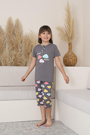 Miniğimin Cicileri (6-14 Yaş) Bulut Desenli Kız Çocuk Kapri Takım - Gri