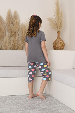 Miniğimin Cicileri (6-14 Yaş) Bulut Desenli Kız Çocuk Kapri Takım - Gri