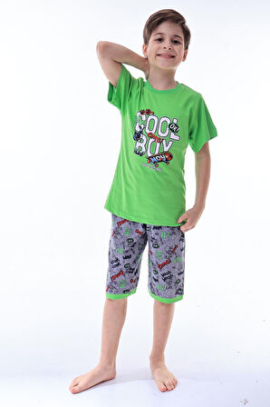 Miniğimin Cicileri (6-11 Yaş) Cool Boy Desenli Erkek  Çocuk Kapri Takım - Yeşil