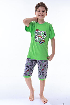 Miniğimin Cicileri (6-11 Yaş) Cool Boy Desenli Erkek  Çocuk Kapri Takım - Yeşil