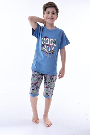 Miniğimin Cicileri (6-11 Yaş) Cool Boy Desenli Erkek  Çocuk Kapri Takım - indigo