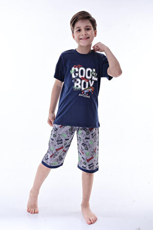 Miniğimin Cicileri (6-11 Yaş) Cool Boy Desenli Erkek  Çocuk Kapri Takım - Lacivert