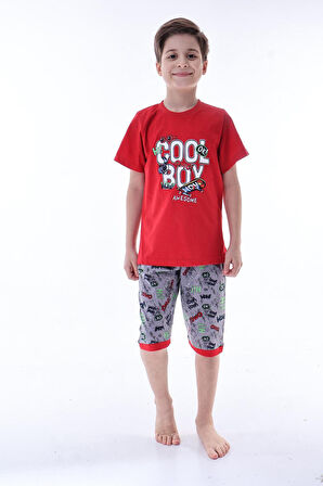 Miniğimin Cicileri (6-11 Yaş) Cool Boy Desenli Erkek  Çocuk Kapri Takım - Kırmızı