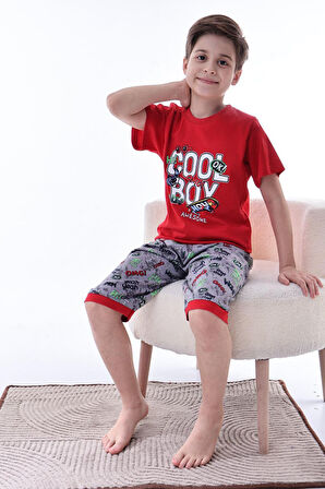 Miniğimin Cicileri (6-11 Yaş) Cool Boy Desenli Erkek  Çocuk Kapri Takım - Kırmızı