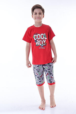 Miniğimin Cicileri (6-11 Yaş) Cool Boy Desenli Erkek  Çocuk Kapri Takım - Kırmızı