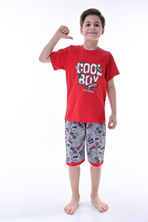 Miniğimin Cicileri (6-11 Yaş) Cool Boy Desenli Erkek  Çocuk Kapri Takım - Kırmızı