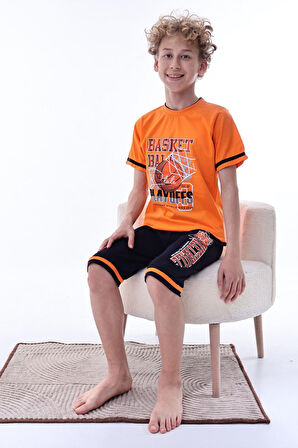 Miniğimin Cicileri (6-11 Yaş) Basketbol Desenli Erkek Çocuk Kapri Takım - Turuncu