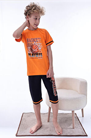 Miniğimin Cicileri (6-11 Yaş) Basketbol Desenli Erkek Çocuk Kapri Takım - Turuncu